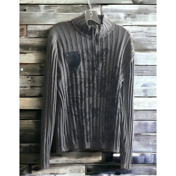 INC Mens Sweater L Skull Patch Tatoo Goth Graphic Turtle Neck 1/4 Zip Ribbed - Picture 2 of 16
